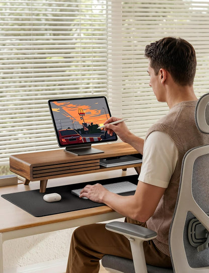 Tinamo 24" Wood Monitor Stand Riser with Sliding Door and Cable Management | Acacia Wood, Ergonomic Design, Fits Most 24"-32" Monitors, Non-slip, Hidden Multi-purpose Storage, All Hardware Included