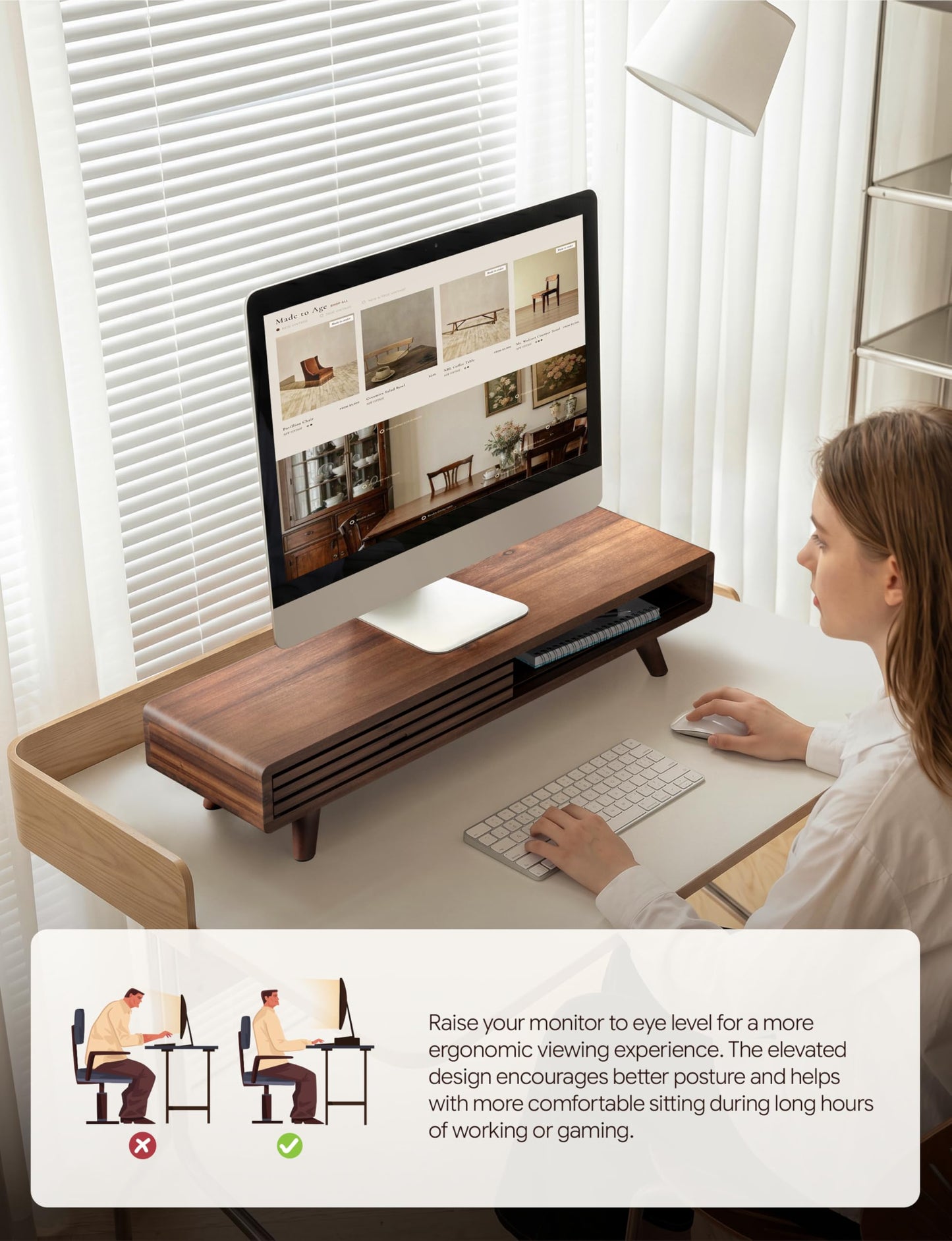 Tinamo 24" Wood Monitor Stand Riser with Sliding Door and Cable Management | Acacia Wood, Ergonomic Design, Fits Most 24"-32" Monitors, Non-slip, Hidden Multi-purpose Storage, All Hardware Included