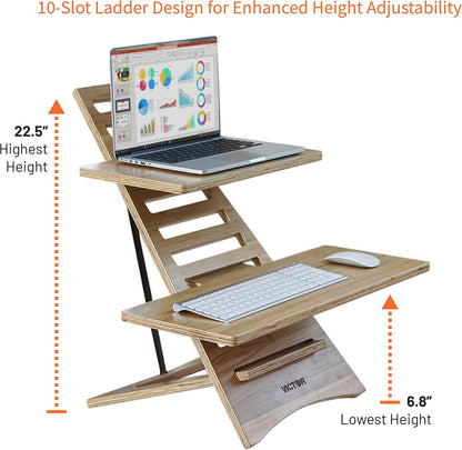 Victor Laptop Stand - Acacia Wood Standing Desk Converter with Dual Trays, 10-Level Height Adjustment, Fast Tool-Free Assembly, for Dorms, Bedrooms, and Home Offices