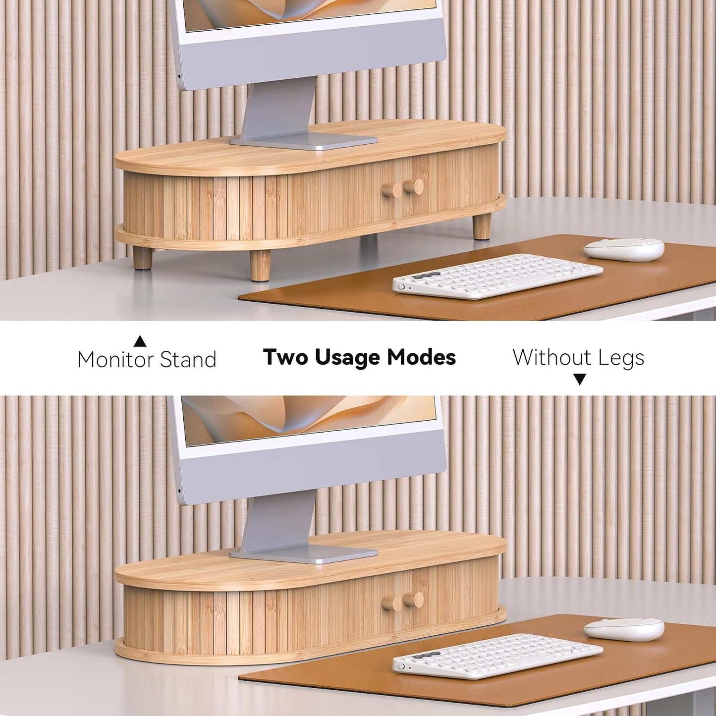 Bamboo Monitor Stand with Storage, 25 Inch Desk Shelf Riser | Curved Computer Laptop Stand Desk Shelf Organizer with Sliding Doors for 47-55 Inch Desk