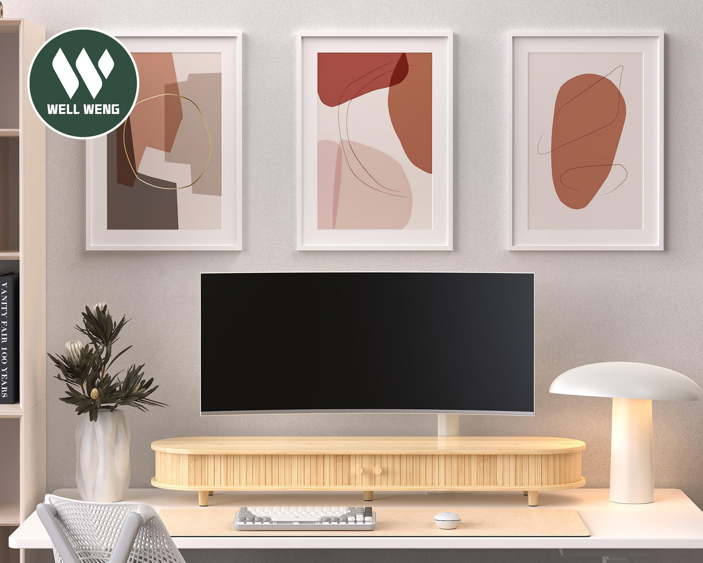 Bamboo Monitor Stand with Storage, 25 Inch Desk Shelf Riser | Curved Computer Laptop Stand Desk Shelf Organizer with Sliding Doors for 47-55 Inch Desk