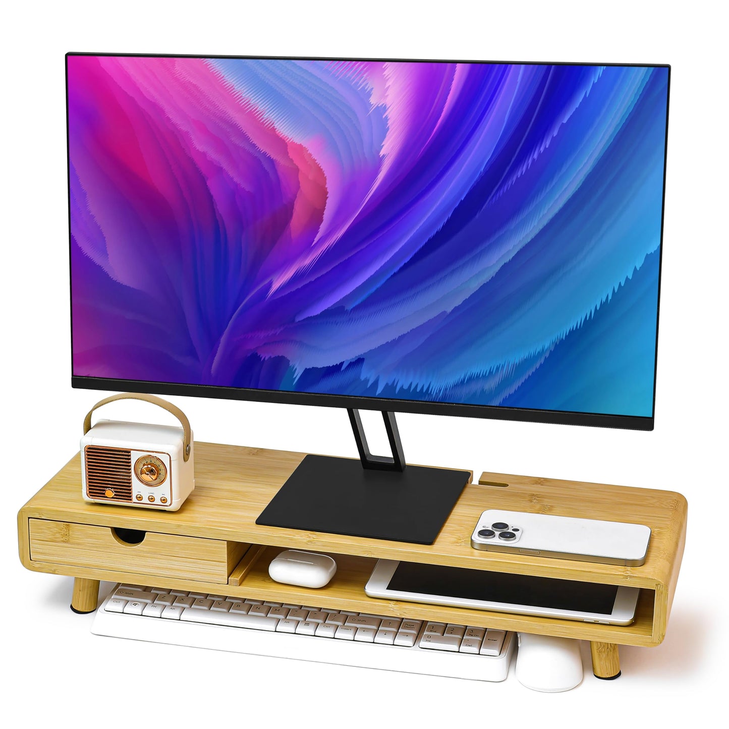 Homerays Bamboo Monitor Stand Riser, No Assembly Required Exquisite Monitor Stand with Drawer Ergonomic Height Wood Monitor Stand
