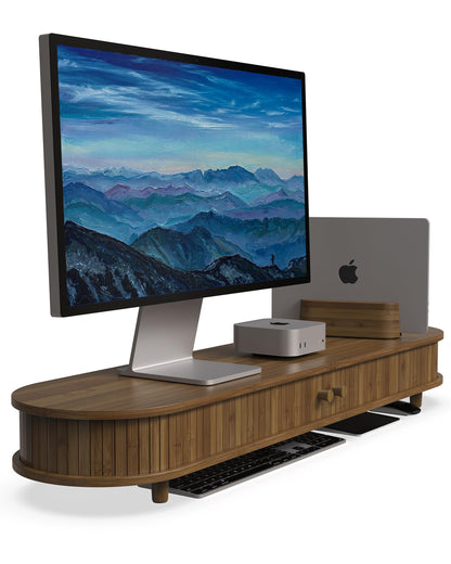 Bamboo Monitor Stand with Storage, 25 Inch Desk Shelf Riser | Curved Computer Laptop Stand Desk Shelf Organizer with Sliding Doors for 47-55 Inch Desk