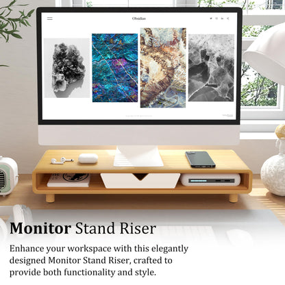 Homerays Bamboo Monitor Stand Riser, No Assembly Required Exquisite Monitor Stand with Drawer Ergonomic Height Wood Monitor Stand