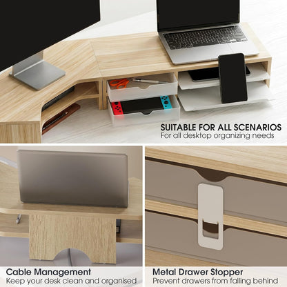 Fenge Dual Monitor Stand, Corner Desk Shelf with Drawer & Slide-Out Tray | Modular Design for Flexible Layouts, 2-Tier Storage Desktop Organizer for Computer, Laptop, Printer and Telephone