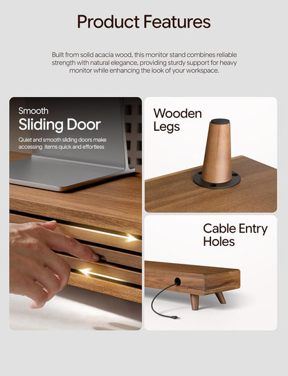 Tinamo 24" Wood Monitor Stand Riser with Sliding Door and Cable Management | Acacia Wood, Ergonomic Design, Fits Most 24"-32" Monitors, Non-slip, Hidden Multi-purpose Storage, All Hardware Included