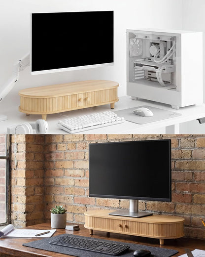 Bamboo Monitor Stand with Storage, 25 Inch Desk Shelf Riser | Curved Computer Laptop Stand Desk Shelf Organizer with Sliding Doors for 47-55 Inch Desk
