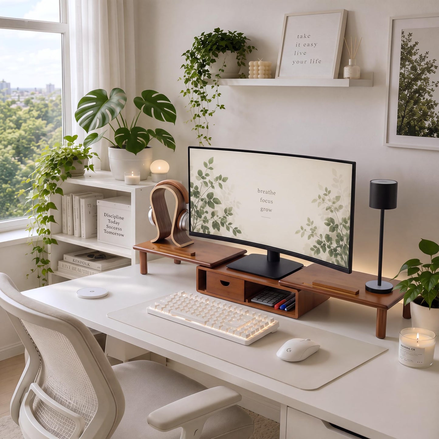 Dual Monitor Stand Riser with Drawer for Desk Laptop | Desk Shelf with Adjustable Length and Angle, Bamboo Computer Stand Riser for 2 or 3 Monitors Screen Laptop PC TV -Natural