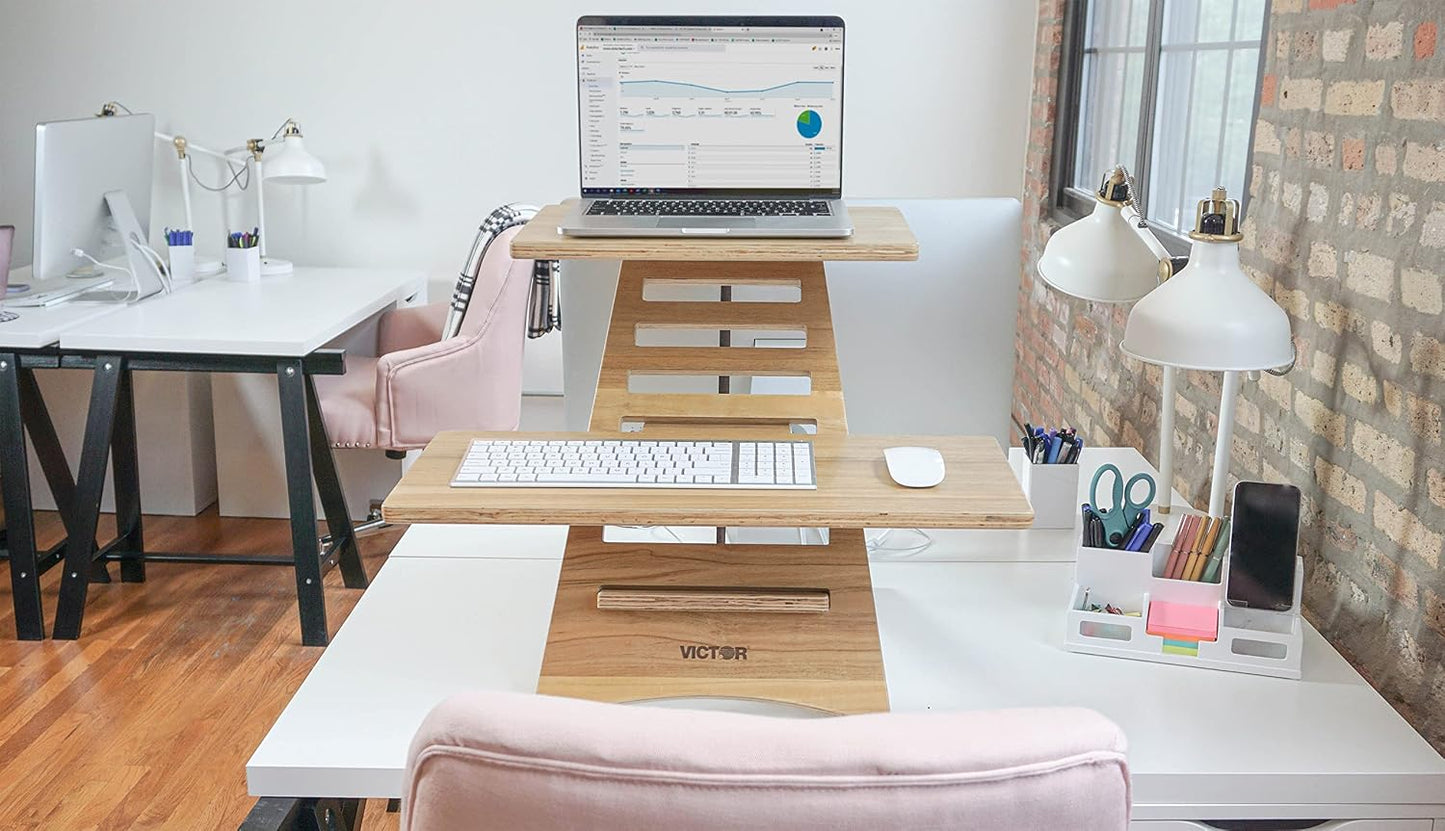 Victor Laptop Stand - Acacia Wood Standing Desk Converter with Dual Trays, 10-Level Height Adjustment, Fast Tool-Free Assembly, for Dorms, Bedrooms, and Home Offices