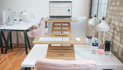 Victor Laptop Stand - Acacia Wood Standing Desk Converter with Dual Trays, 10-Level Height Adjustment, Fast Tool-Free Assembly, for Dorms, Bedrooms, and Home Offices