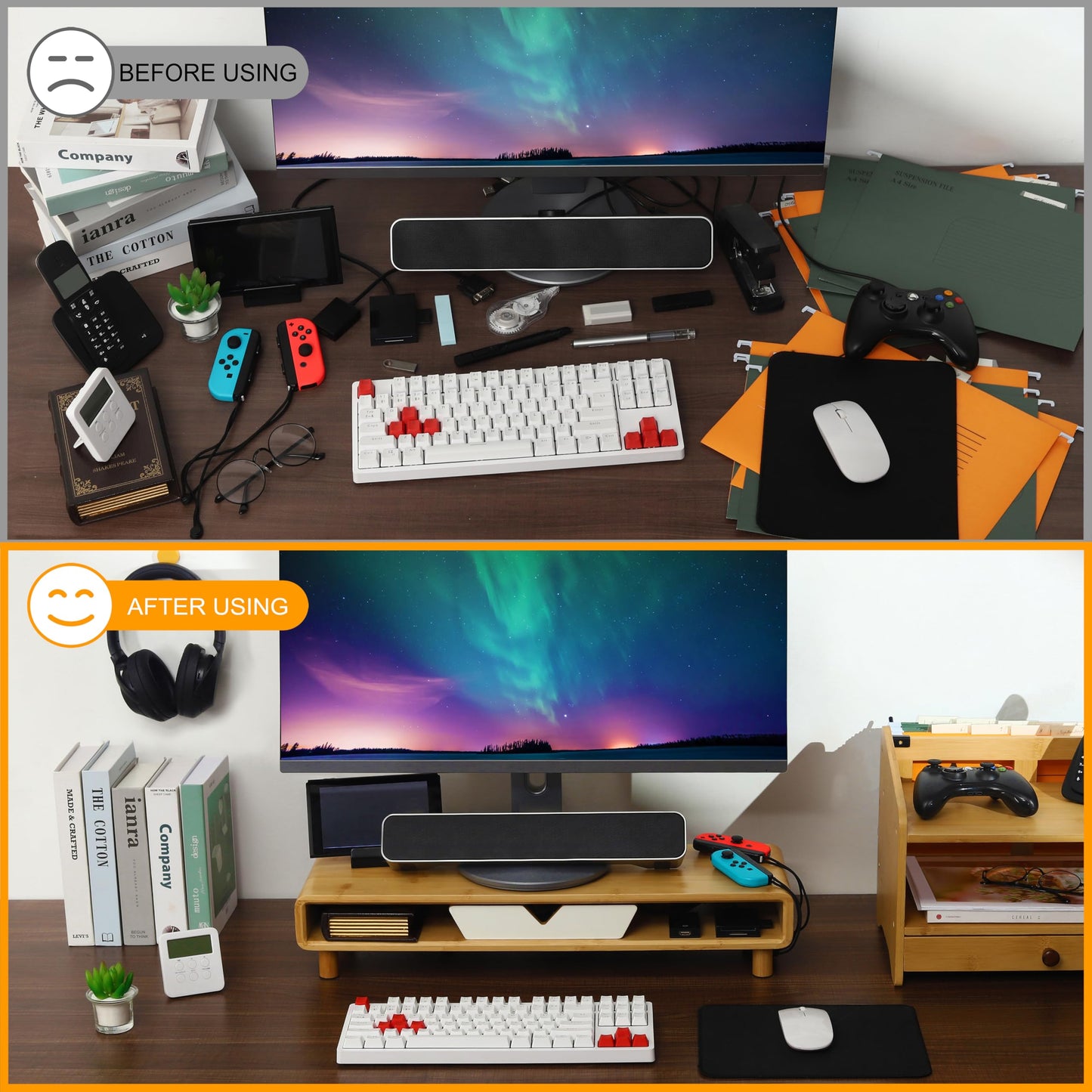 Homerays Bamboo Monitor Stand Riser, No Assembly Required Exquisite Monitor Stand with Drawer Ergonomic Height Wood Monitor Stand
