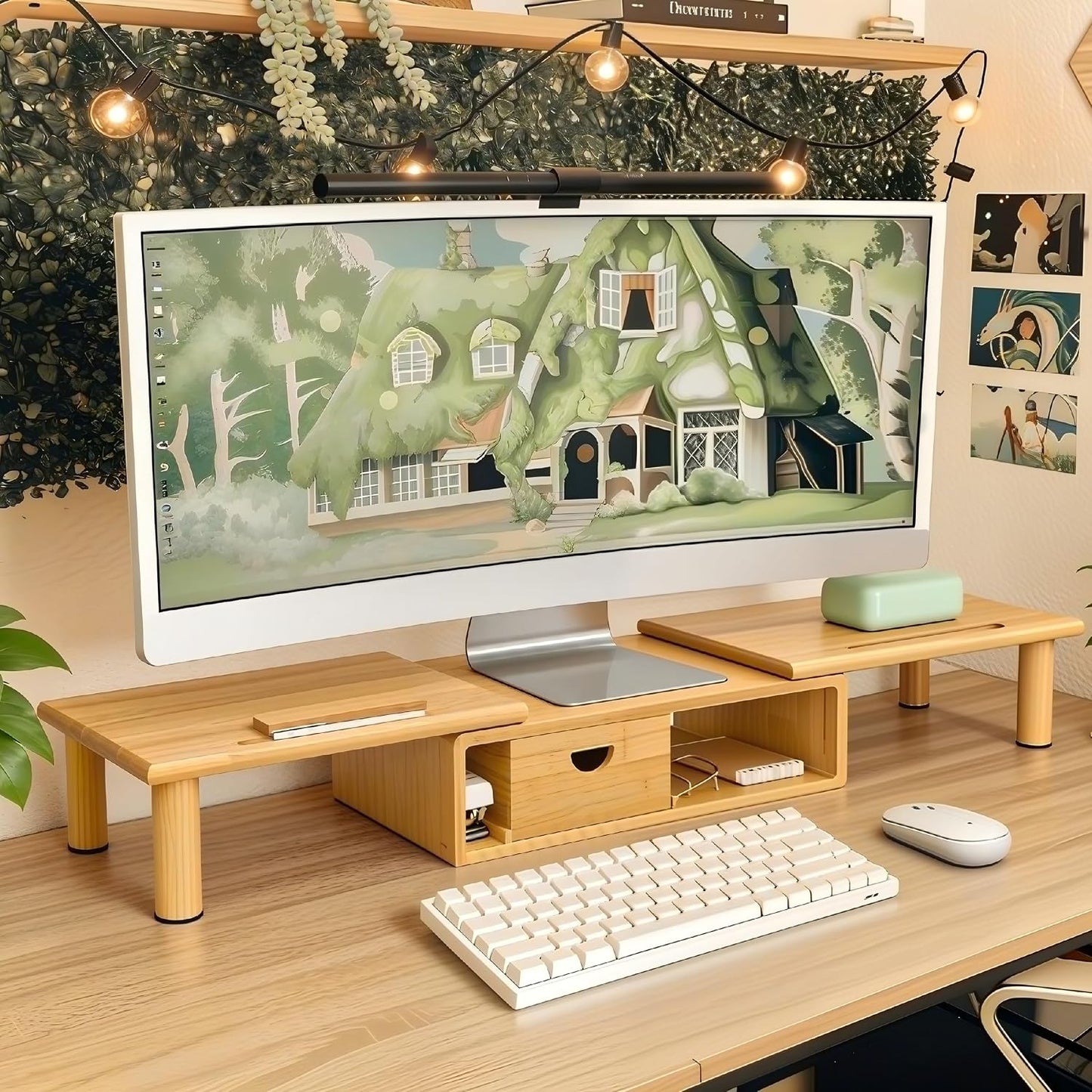 Dual Monitor Stand Riser with Drawer for Desk Laptop | Desk Shelf with Adjustable Length and Angle, Bamboo Computer Stand Riser for 2 or 3 Monitors Screen Laptop PC TV -Natural
