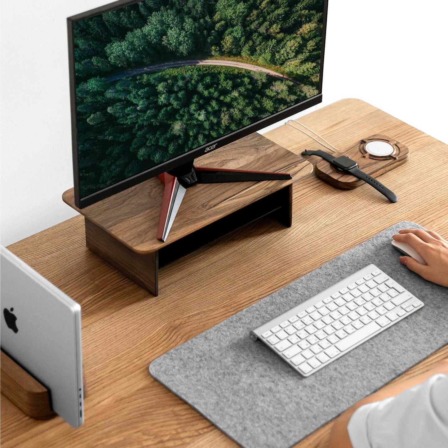 Monitor Stand Riser from Walnut Wood with Black Shelf and Black Legs - Wooden Desktop Storage for PC, Laptop, iMac, TV, Printer, Computer - Durable Walnut Shelf